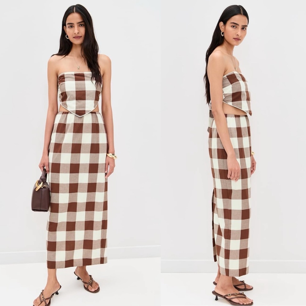 POSSE Mira Skirt Set Gingham Checkered Brown and White Strapless Two Piece Set M